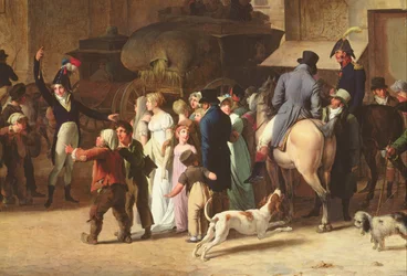 The Conscripts of 1807 Marching Past the Gate of Saint-Denis, detalj av åskådare olja på duk